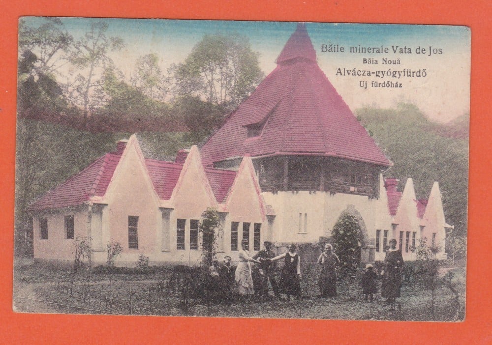 Fotografie: Ilustrată „Băile minerale Vața de Jos — baia nouă”, 1924, animată, circulată