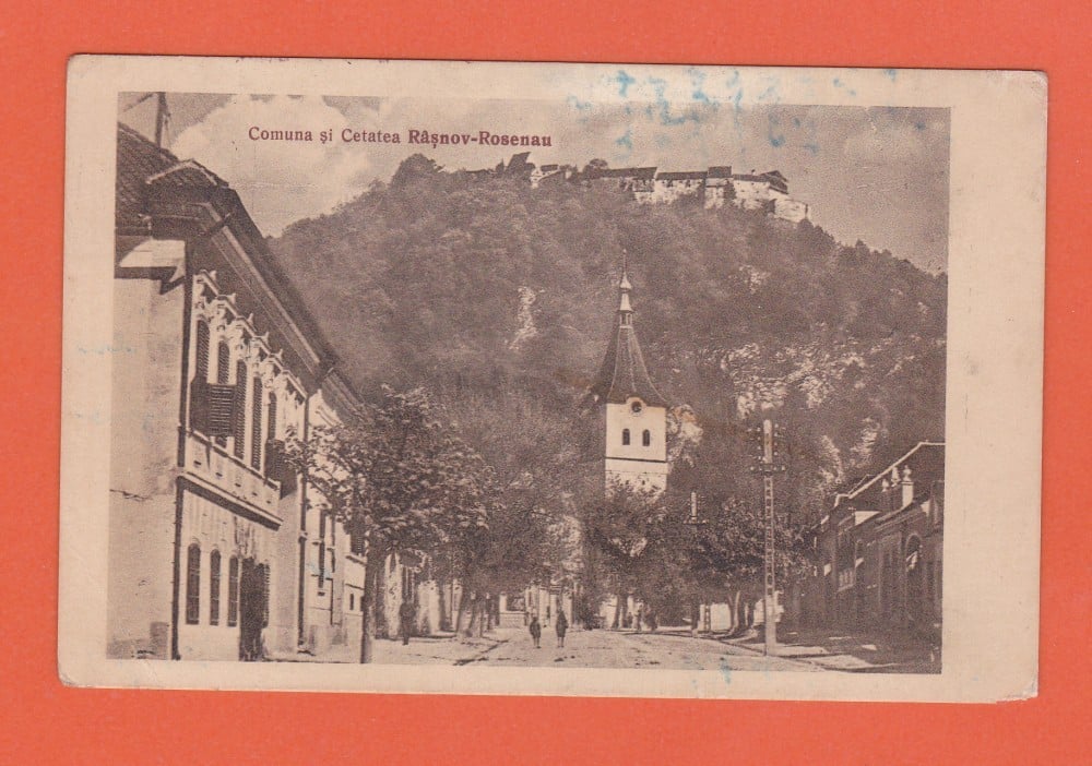 Fotografie: Ilustrată „Comuna și Cetatea Râșnov (Rosenau)”, 1946, circulată spre Arad