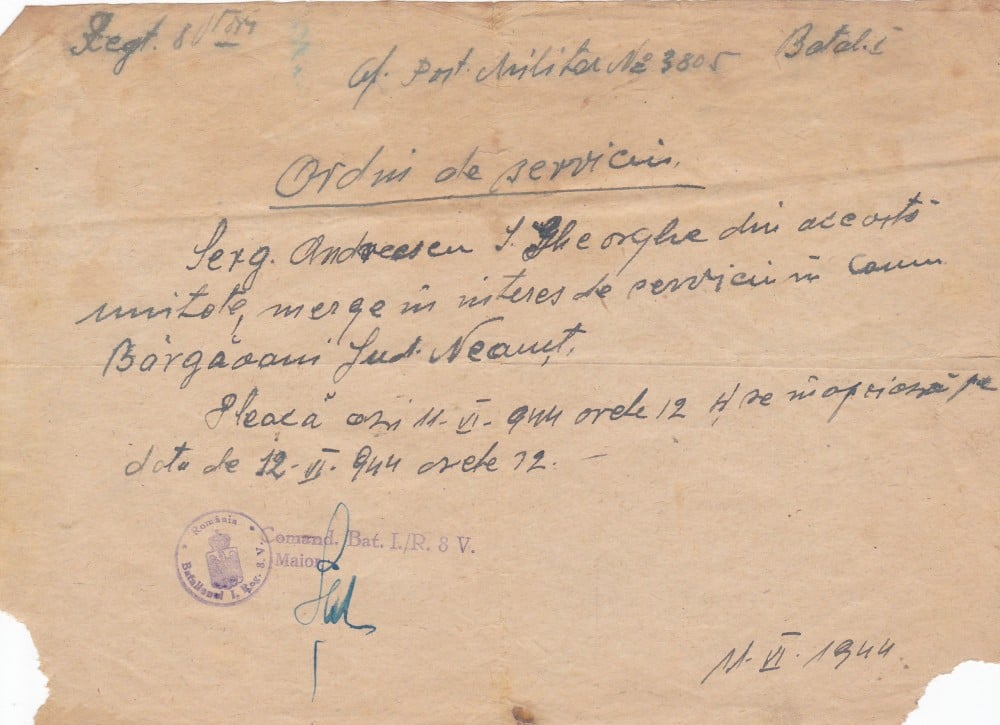 Fotografie: Ordin de serviciu, Batalionul 1, Regimentul 8 Vânători, 1944