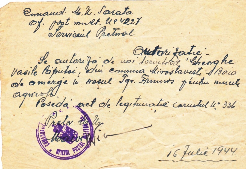 Fotografie: Autorizație — Comandamentul militar Sarata, 1944
