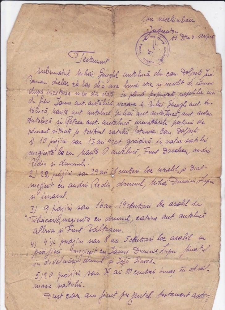 Fotografie: Testament din 1948, județul Vaslui, R.P.R., cu francatură multiplă, 1948