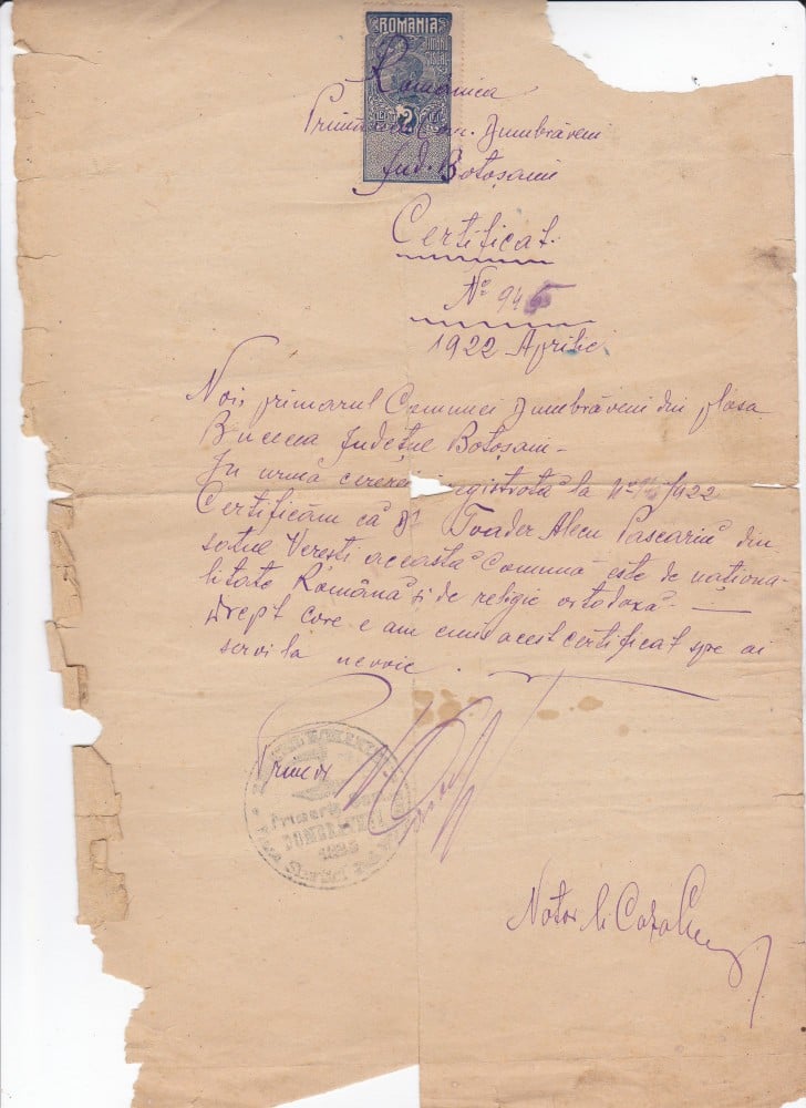 Fotografie: Certificat al Primăriei comunei Dumbrăveni, județul Botoșani, 1922, 1922