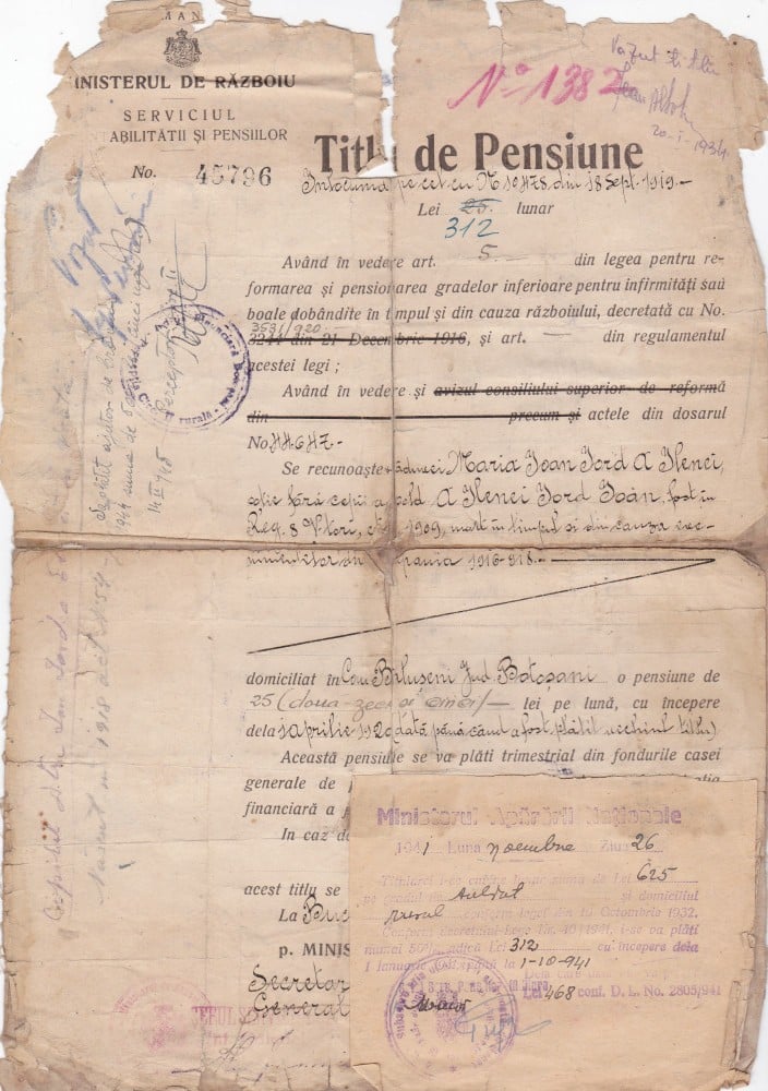 Fotografie: Titlu de pensiune, Ministerul de Războiu, 1941, 1941