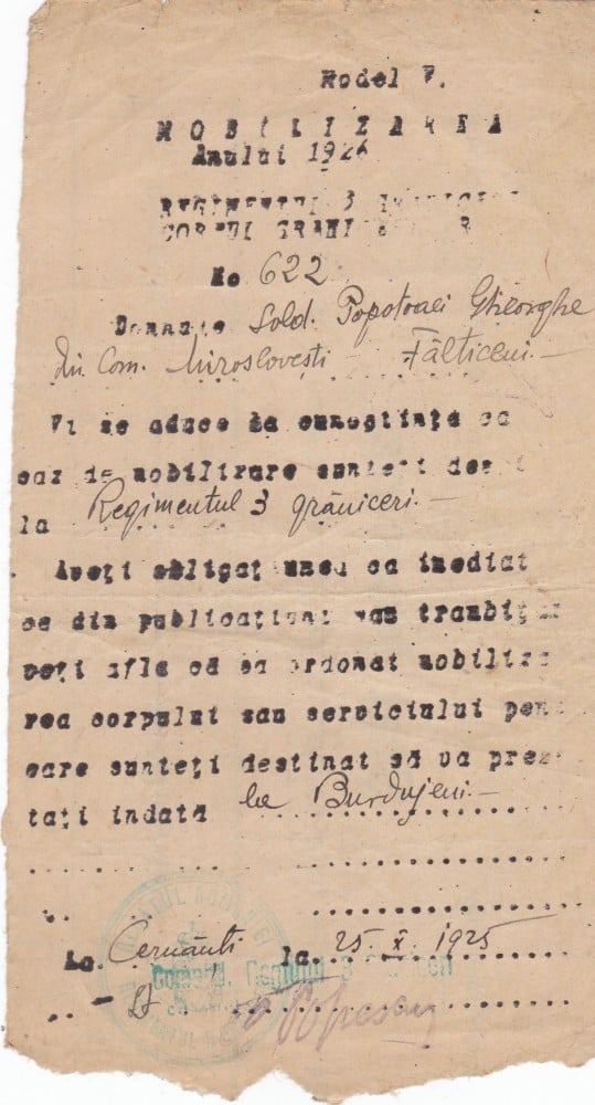 Fotografie: Act de mobilizare, Regimentul 3 Grăniceri, Fălticeni, 1925, 1925