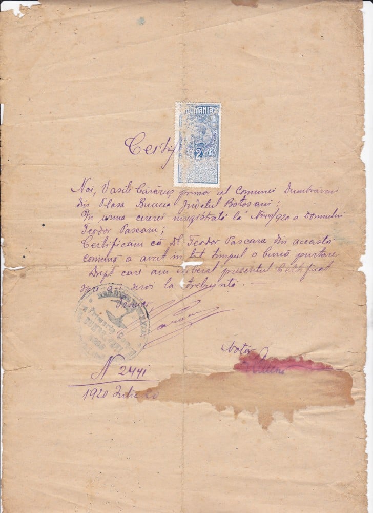 Fotografie: Certificat notarial, Primăria comunei Dumbrăveni, județul Botoșani, 1920, 1920