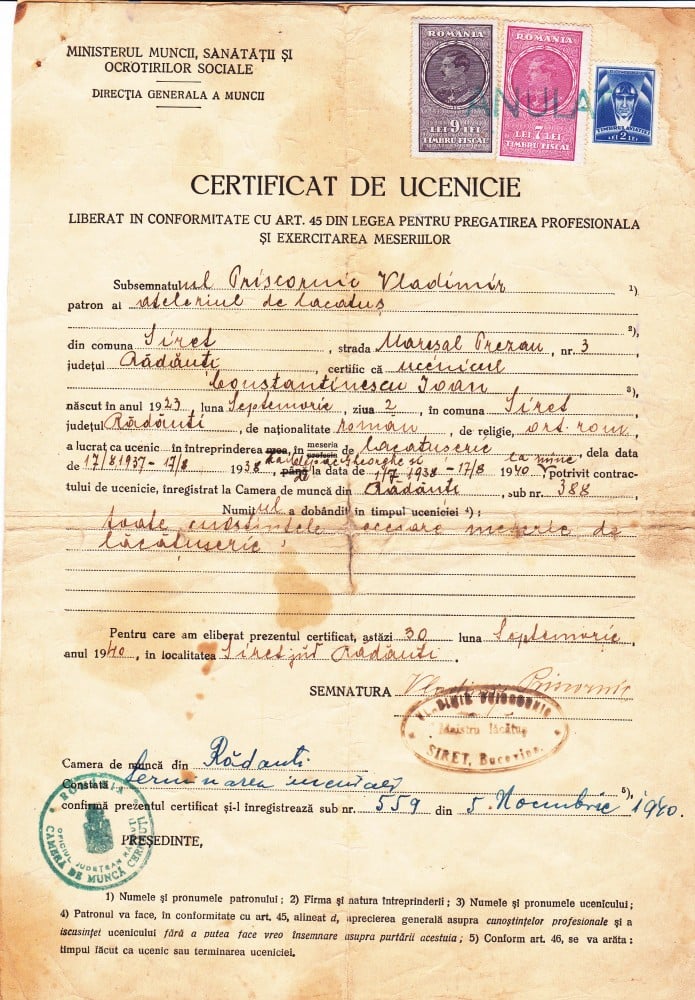 Fotografie: Certificat de ucenicie, Rădăuți, 1940, 1940
