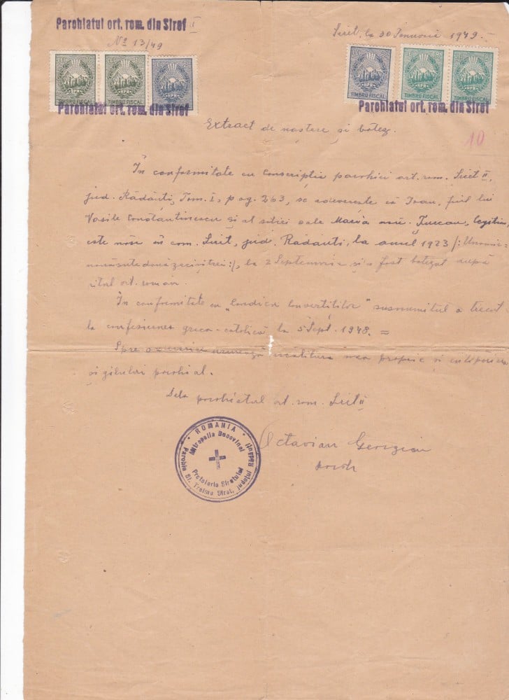 Fotografie: Extract de naștere și botez, Parohia ortodoxă română din Siret, 1949, 1949