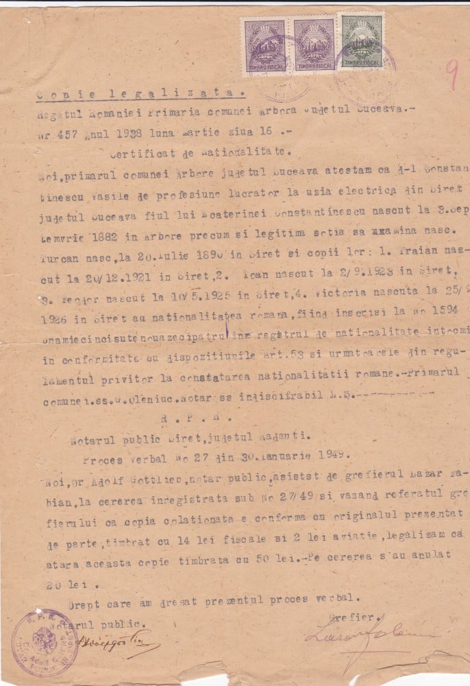 Fotografie: Certificat de naționalitate, județul Suceava, 1938, 1938