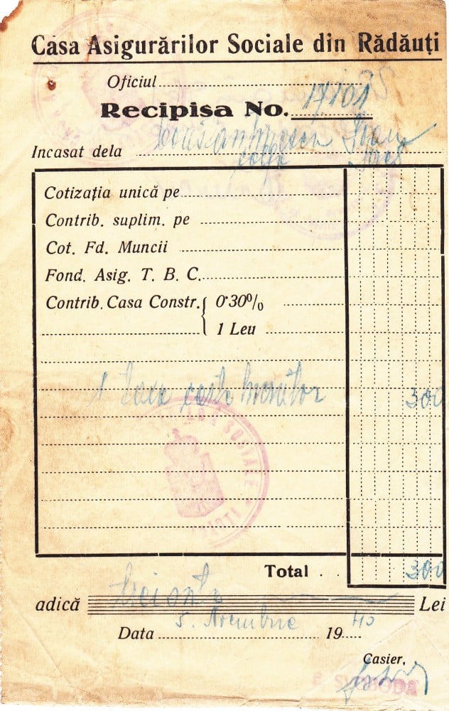 Fotografie: Recipisă C.A.S. din Rădăuți, 1940, 1940