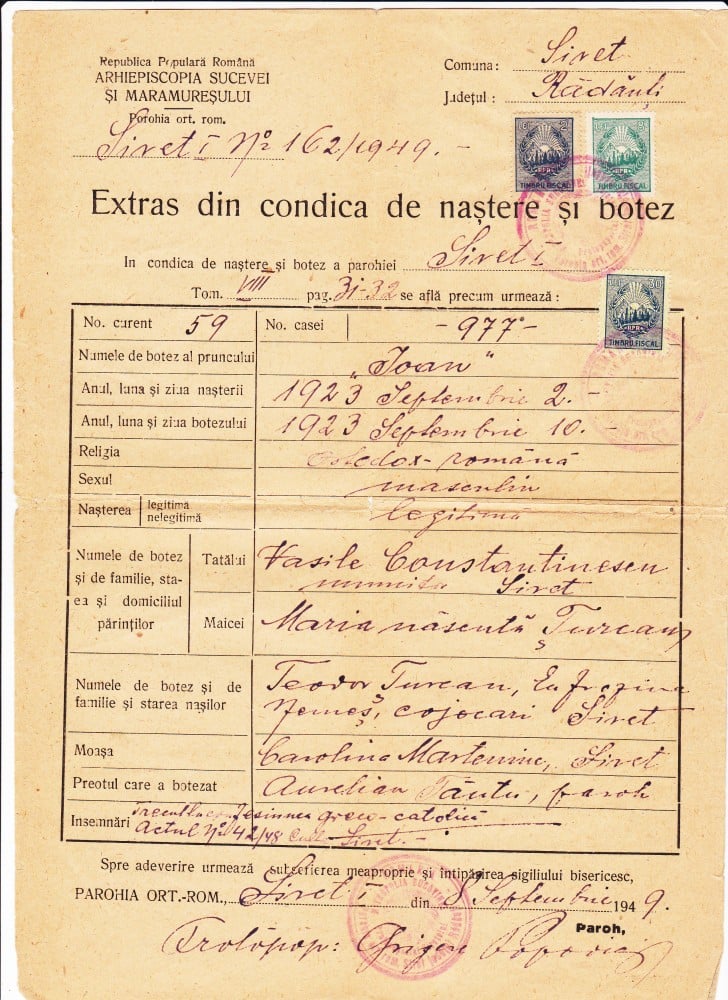 Fotografie: Extras din condica de naștere și botez, Parohia Siret, 1949, 1949