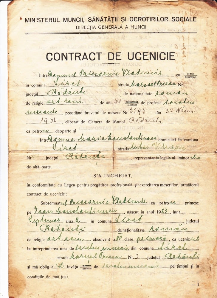 Fotografie: Contract de ucenicie, județul Rădăuți, 1937–1940, 1937