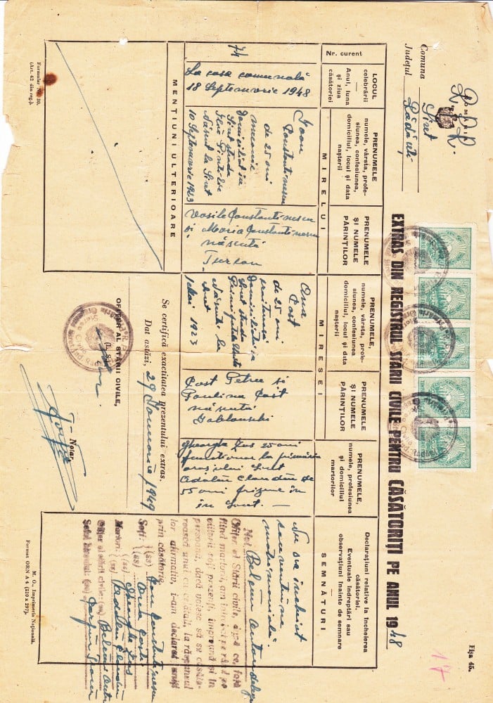 Fotografie: Extras din registrul stării civile pentru căsătoriți, 1948, francatură multiplă, 1948