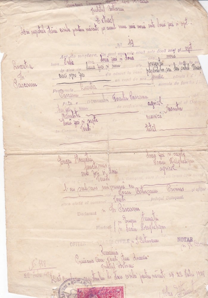 Fotografie: Extract din registrele stării civile pentru născuți, 1928, 1928