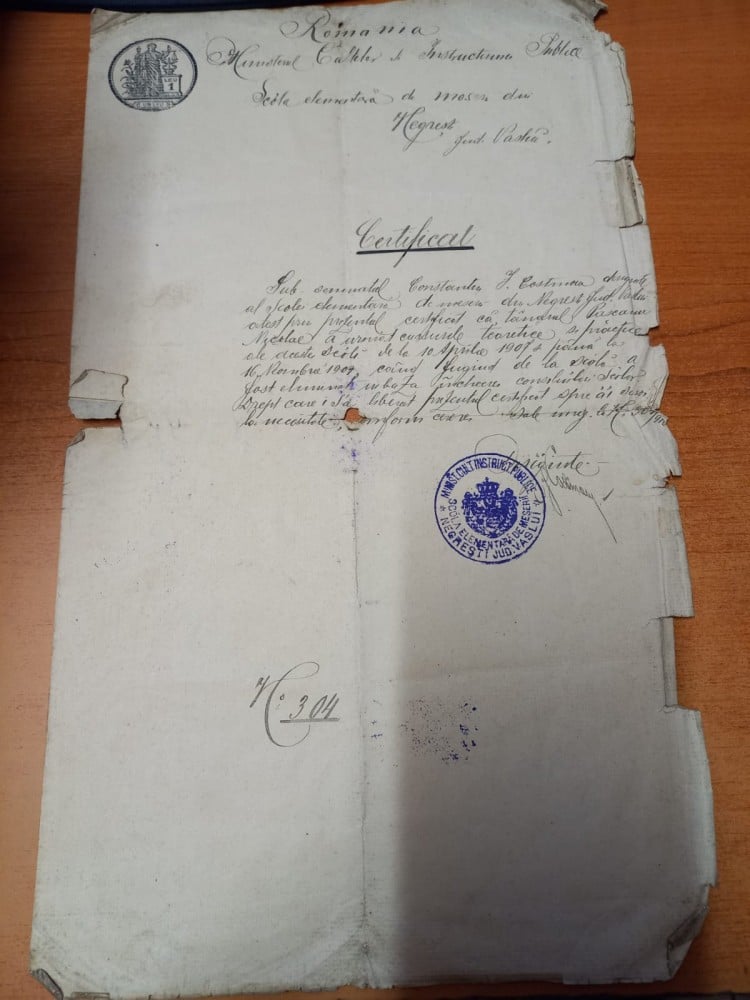 Fotografie: Certificat de studii, județul Vaslui, 1907, 1907