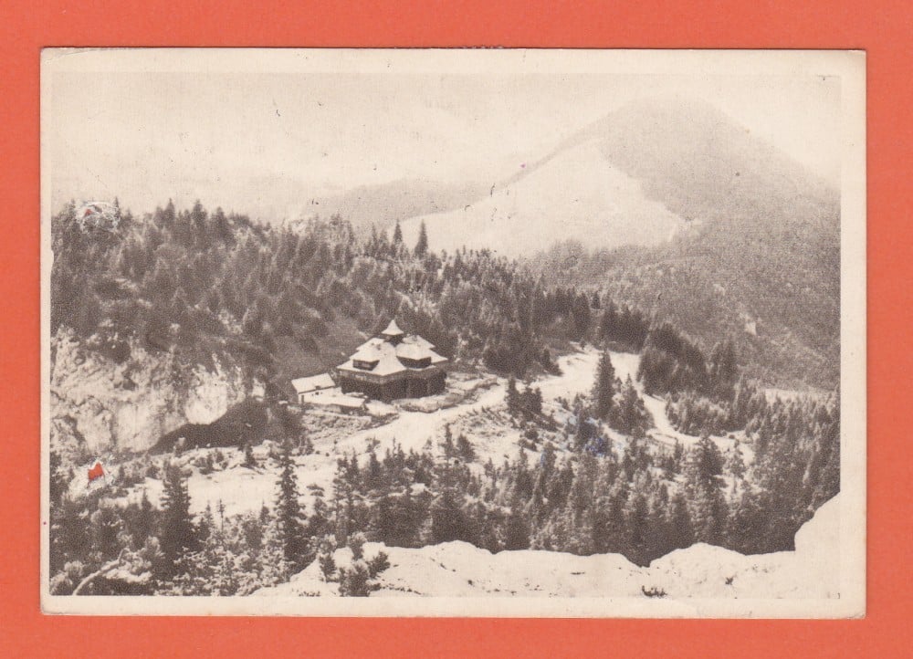Fotografie: Vedere „Munții Bistriței — Rarău, Cabana C.C.S.”, 1957, sepia