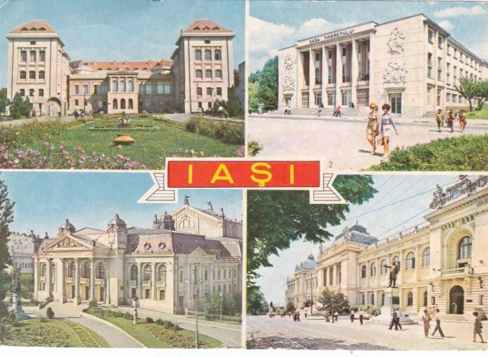 Fotografie: Ilustrată „Iași — Academia, Casa Tineretului, Teatrul Național, Universitatea”, circulată
