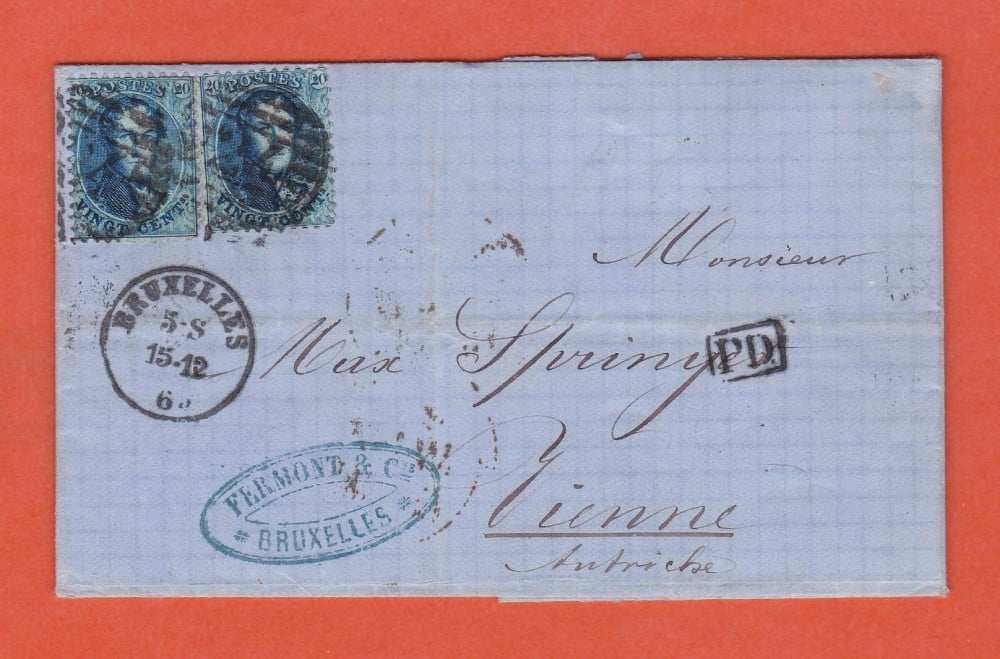 Fotografie: Scrisoare Belgia, 1863, francată cu 2 × 20 de cenți (Michel 12A)
