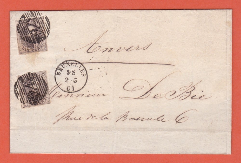 Fotografie: Scrisoare Belgia, 1861, 2 × 10 cenți (Michel 7I)