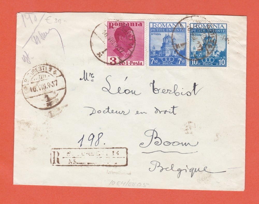 Fotografie: Plic circulat București — Belgia, 1937, francatură multiplă