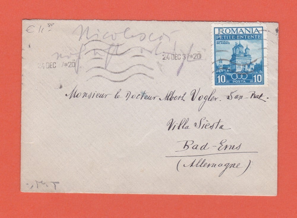 Fotografie: Plic circulat spre Germania, 1937, francatură simplă