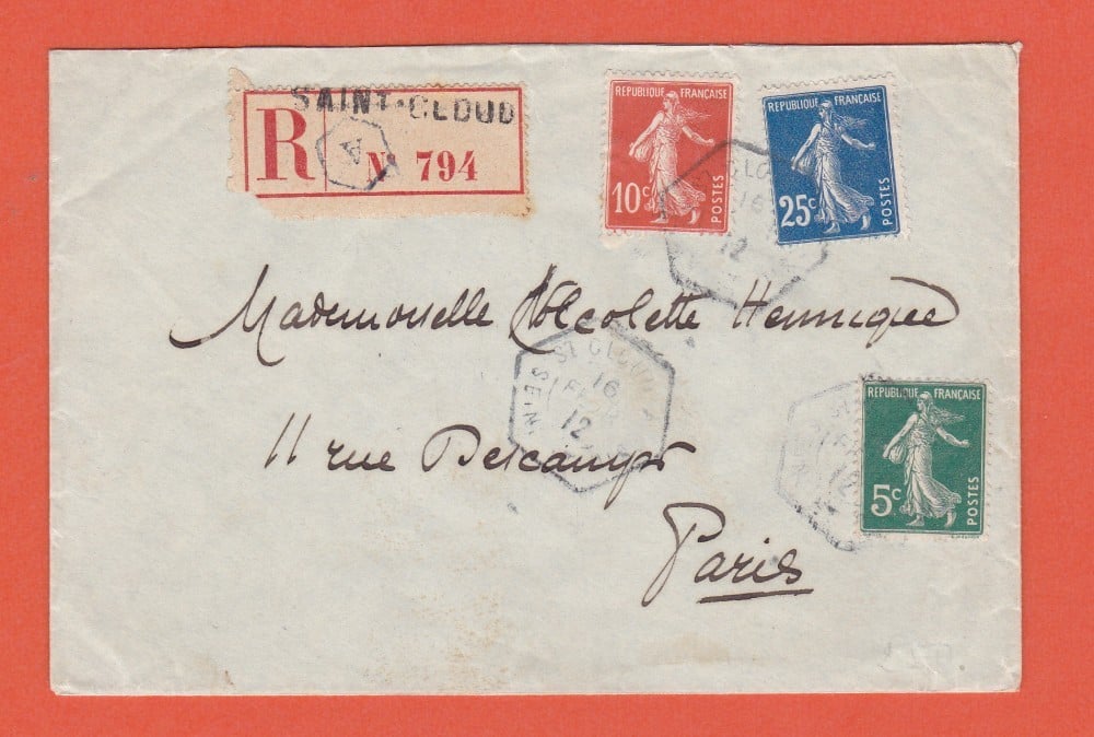 Fotografie: Plic recomandat Franța, 1915, francatură multiplă