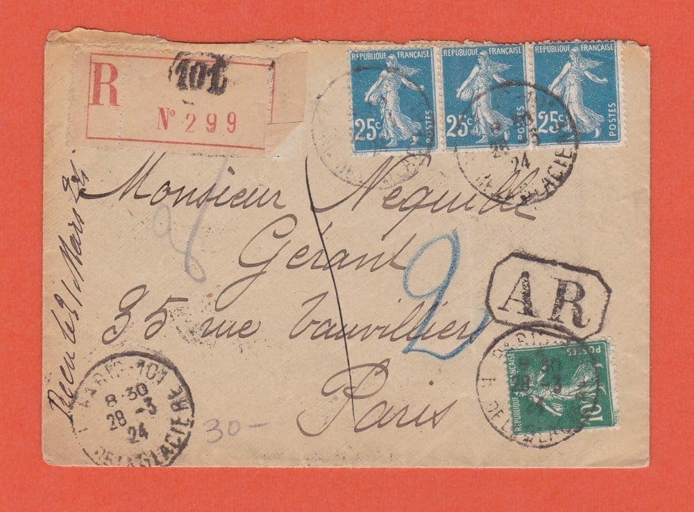 Fotografie: Plic recomandat Franța, 1924, francatură multiplă
