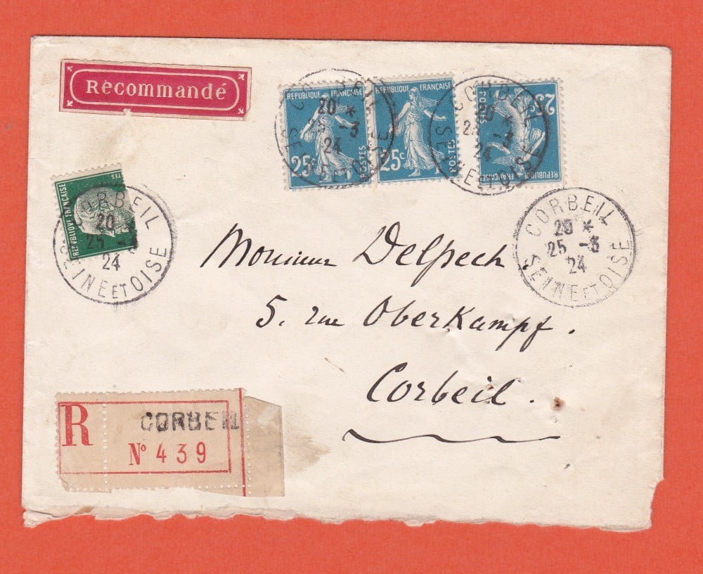 Fotografie: Plic recomandat Franța, 1924, francatură multiplă (II)