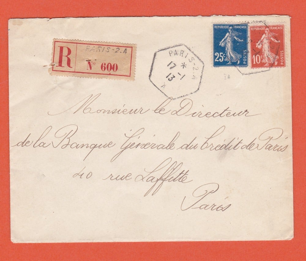 Fotografie: Plic recomandat Franța, 1913, francatură multiplă
