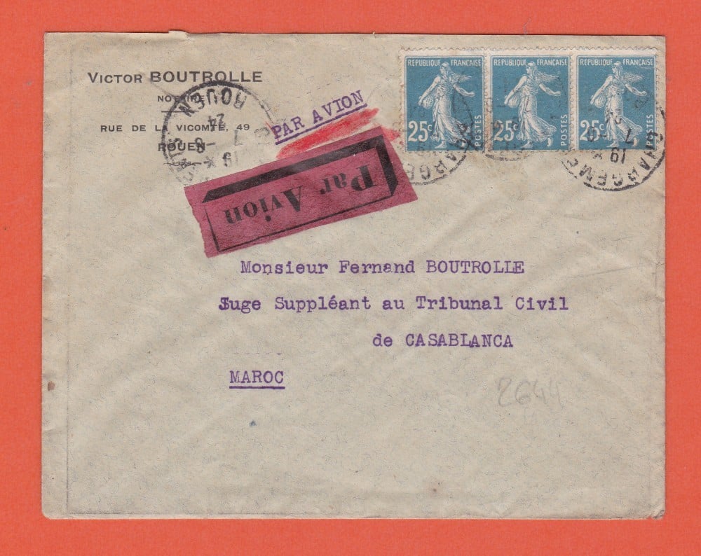Fotografie: Plic Franța „Par avion”, 1924, francatură multiplă, circulat spre Maroc