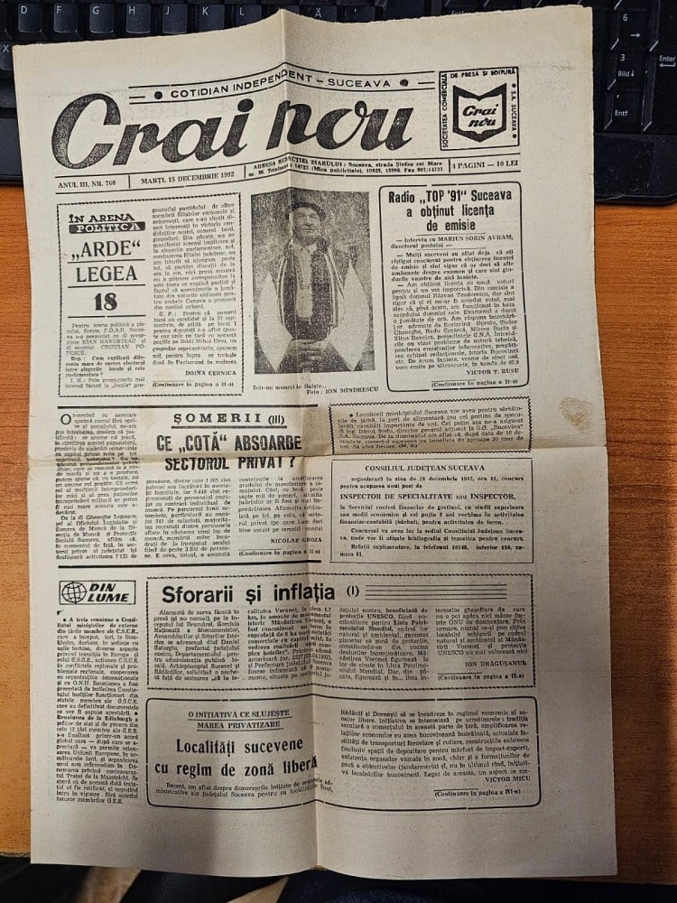 Fotografie: Ziarul „Crai nou”, nr. 760, 15 decembrie 1992, Suceava, 1992