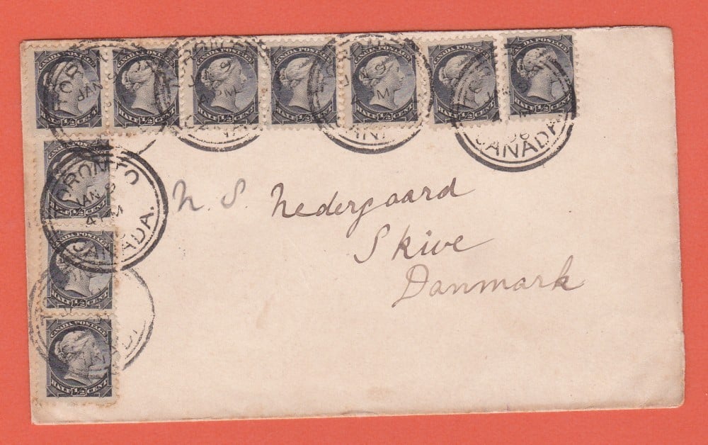 Fotografie: Plic Canada, 1896, francat cu 10 timbre de ½ cent (Michel 25A), Toronto — Skive, Danemarca
