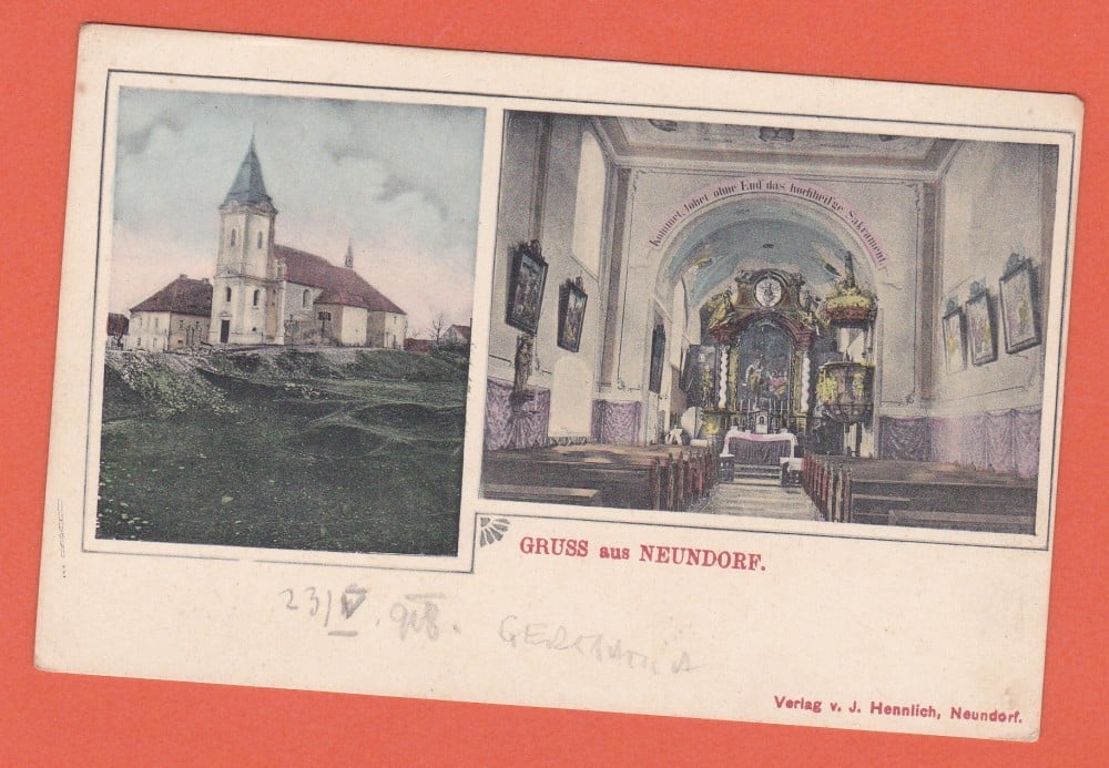 Fotografie: Carte poștală litografiată „Gruss aus Neundorf” — biserica, necirculată