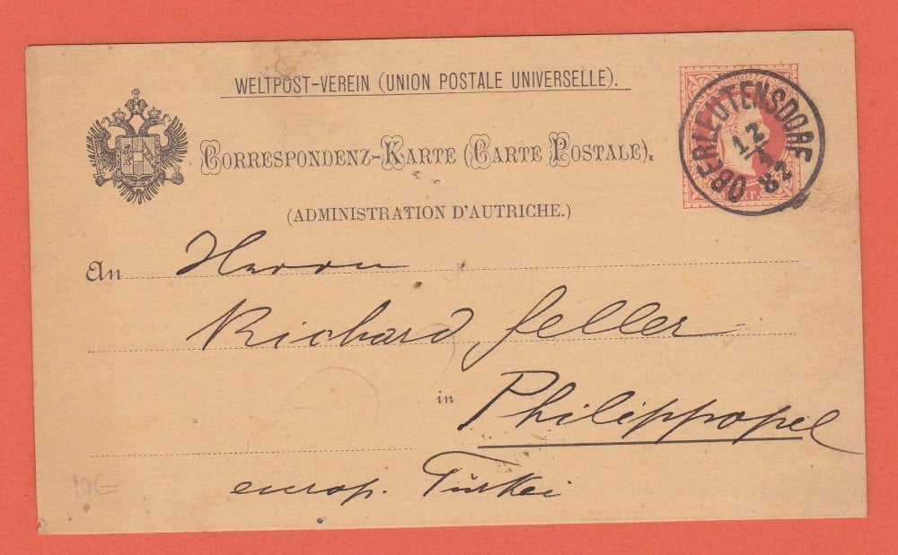 Fotografie: Întreg poștal Austria, 1882, circulat Oberleutensdorf — Filipopoli