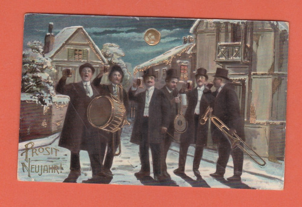 Fotografie: Carte poștală cu muzicanți „Prosit Neujahr!”, circulată