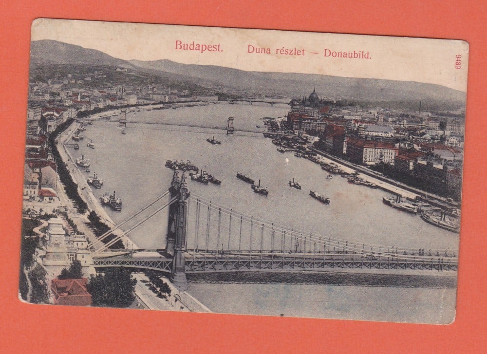 Fotografie: Carte poștală litografiată „Budapesta — pod peste Dunăre, vapoare”, necirculată