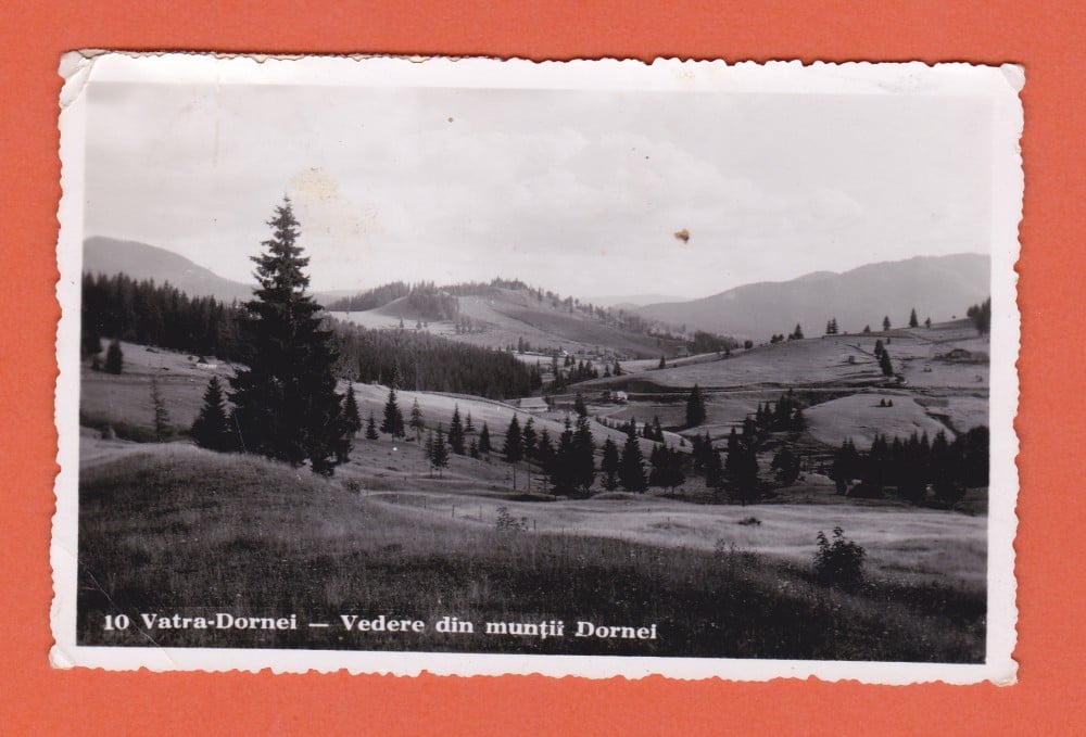 Fotografie: Carte poștală „Vatra Dornei — vedere din Munții Dornei”, 1943, cenzură militară Câmpulung Moldovenesc