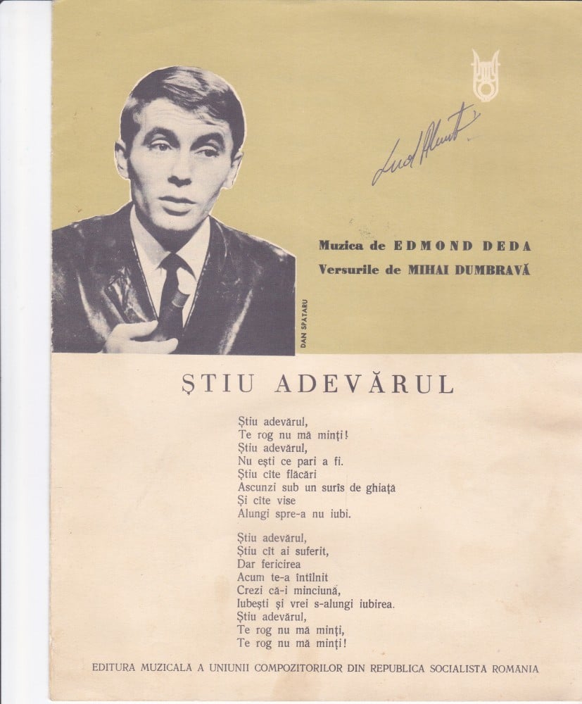 Partitură „Știu adevărul”, muzica Edmond Deda, versuri Mihai Dumbravă