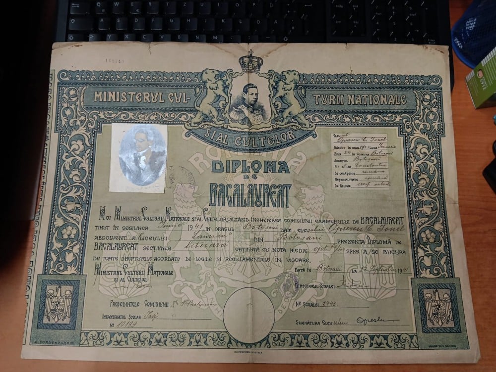 Fotografie: Diplomă de bacalaureat, Liceul Laurian, Botoșani, 1941