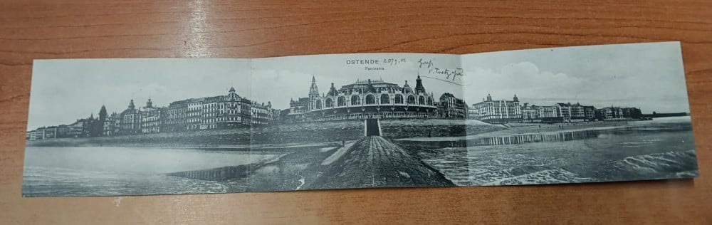 Fotografie: Carte poștală triplă „Ostende — panoramă”, 1920, adresată judecătorului Emil Prodanciuc, Cernăuți