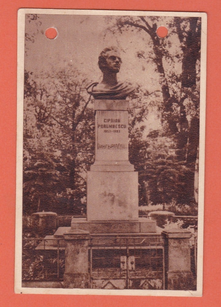 Fotografie: Carte poștală „Suceava — Statuia lui Ciprian Porumbescu”, 1958, scrisă dar necirculată
