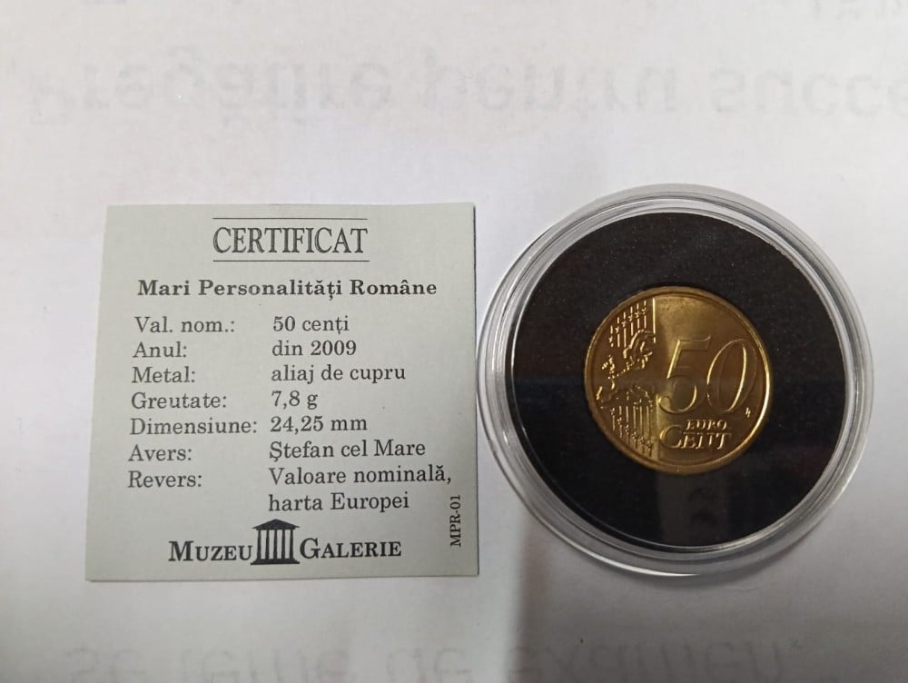 Fotografie: Monedă-medalie 50 de cenți „Ștefan cel Mare”, email, în capsulă, 2009, cu certificat