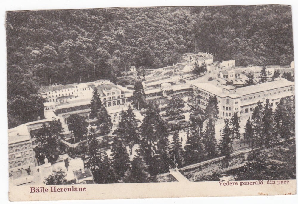 Fotografie: Carte poștală „Băile Herculane — vedere generală din parc”, circulată în 1934