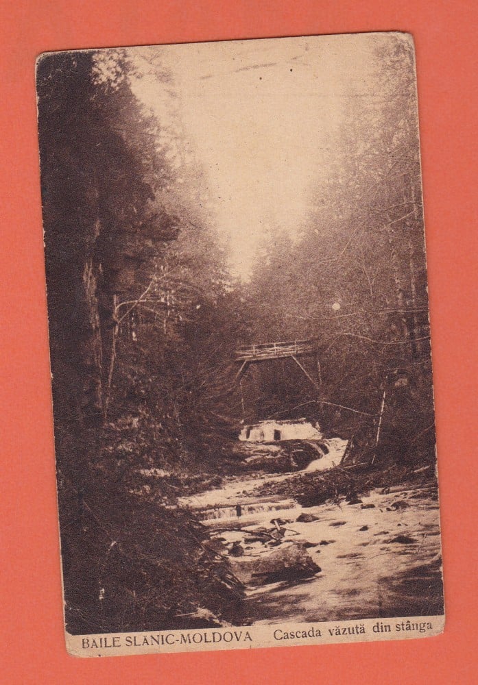 Fotografie: Carte poștală „Băile Slănic-Moldova — cascada văzută din stânga”, 1926