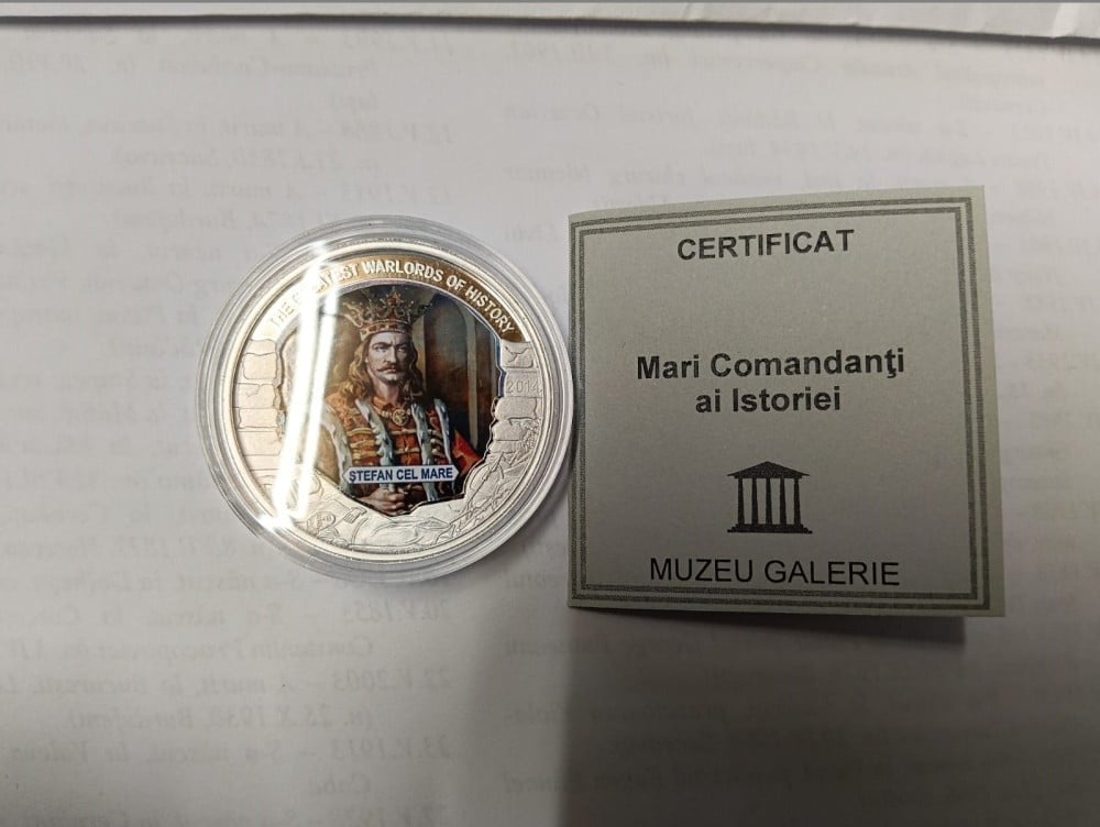 Fotografie: Monedă-medalie 1 dolar Palau „Ștefan cel Mare”, aliaj argintat, 2013, proof, în capsulă