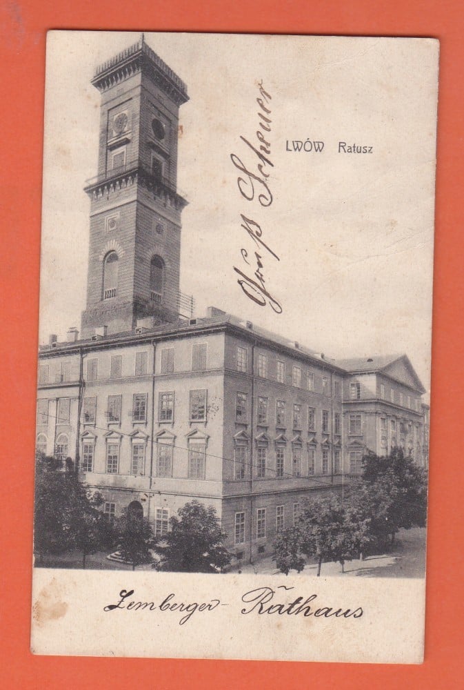 Fotografie: Carte poștală „Lwów — Primăria”, 1900, circulată spre Gura Humorului, Bucovina