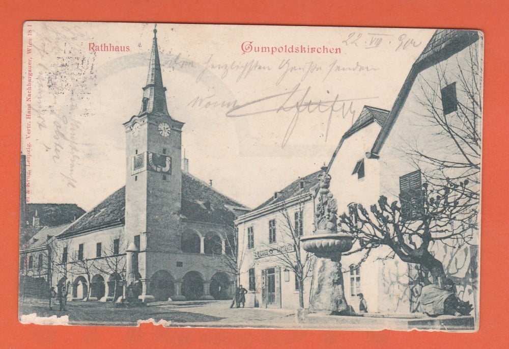 Fotografie: Carte poștală „Gumpoldskirchen — Primăria”, Austria, 1900, circulată spre Suceava