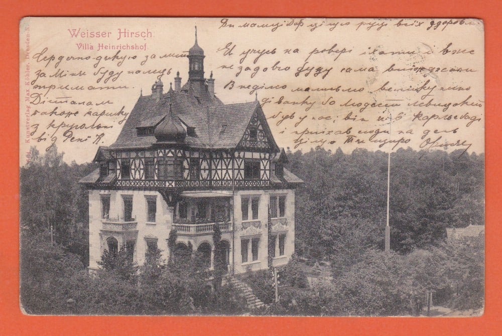 Fotografie: Carte poștală „Weisser Hirsch — Villa Heinrichshof”, 1904, circulată spre Cernăuți, Bucovina