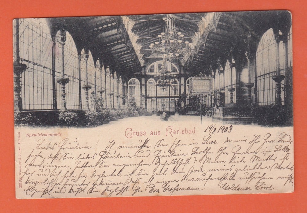 Fotografie: Carte poștală litografiată „Gruss aus Karlsbad”, Cehia, circulată în 1903
