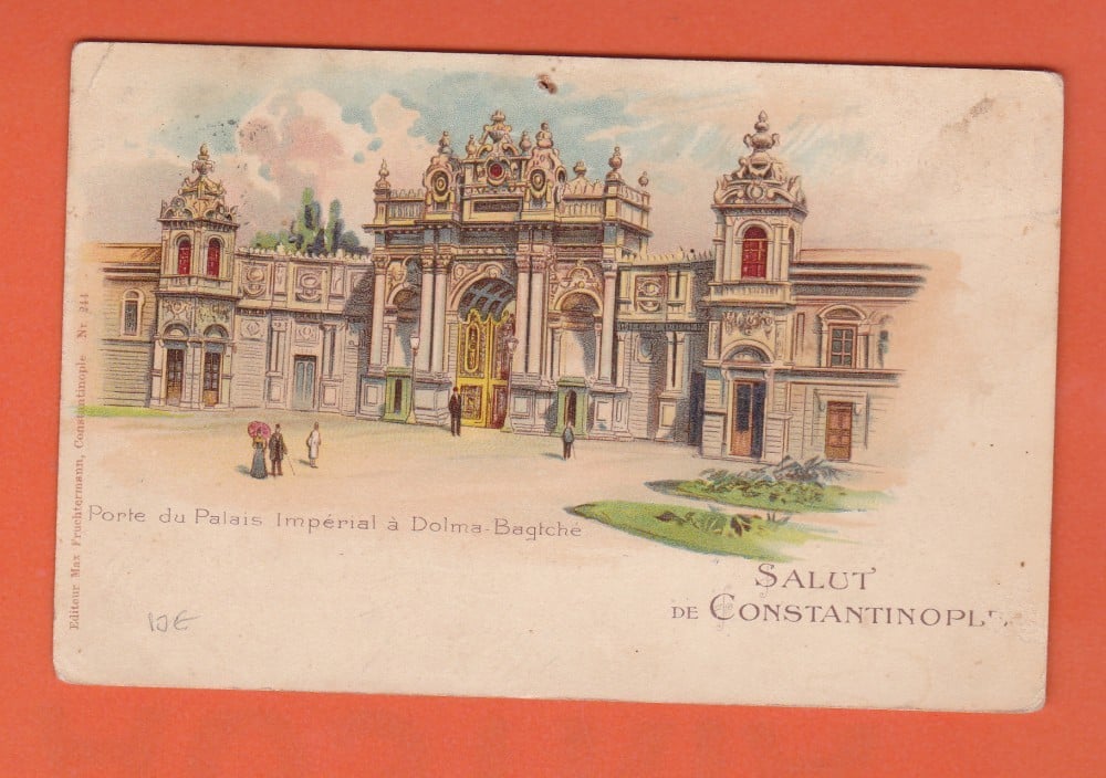 Carte poștală litografiată „Constantinopol — Palatul imperial”, circulată în 1893