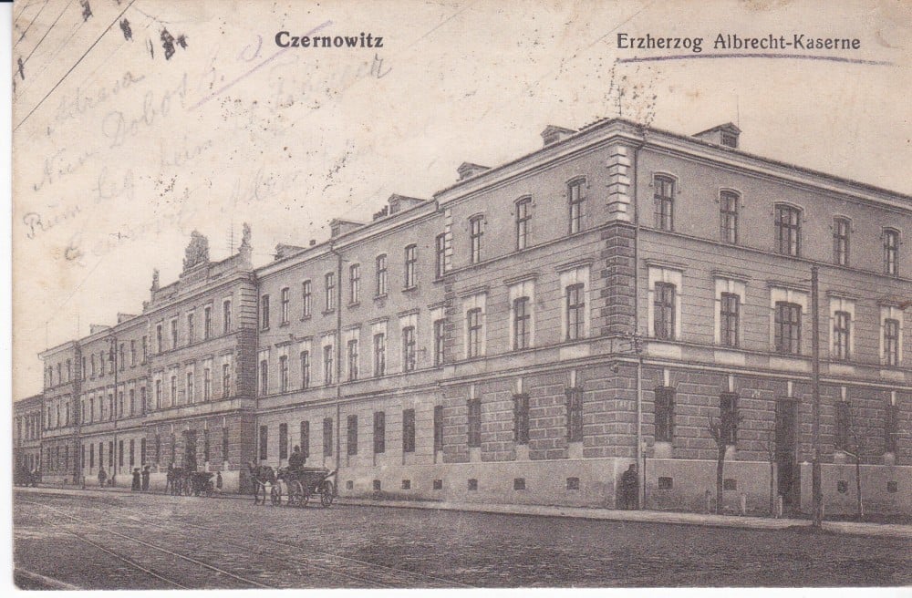 Carte poștală „Czernowitz (Cernăuți) — Cazarma Arhiducele Albrecht”, 1915, cenzură militară Dorna Candreni